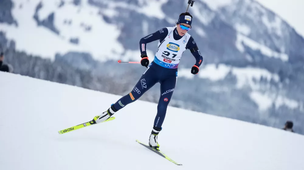 FILE - Rebecca Passler of Italy competes during the women's Biathlon World Cup 7.5 km sprint competition at the Biathlon World Cup in Hochfilzen, Austria, Friday, Dec. 8, 2023. (AP Photo/Matthias Schrader, file)