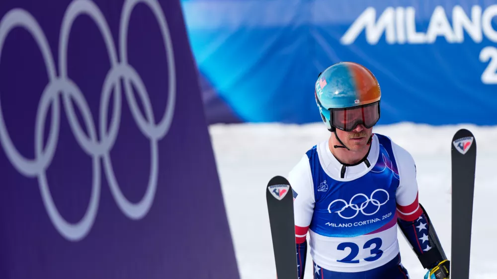 United States' River Radamus at the finish area, during a men's super-G race, at the 2026 Winter Olympics, in Bormio, Italy, Wednesday, Feb.11, 2026. (AP Photo/Julia Demaree Nikhinson)