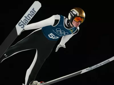 Milano Cortina 2026 Olympics - Ski Jumping - Men's Large Hill - Official Training 2 - Predazzo Ski Jumping Stadium, Predazzo, Italy - February 13, 2026. Domen Prevc of Slovenia in action during training REUTERS/Stephanie Lecocq