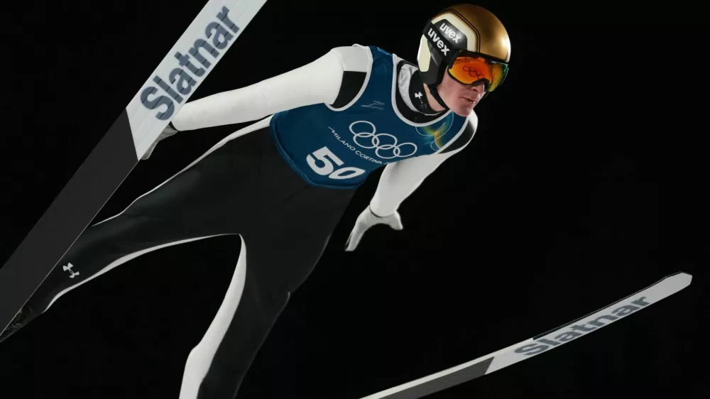 Milano Cortina 2026 Olympics - Ski Jumping - Men's Large Hill - Official Training 2 - Predazzo Ski Jumping Stadium, Predazzo, Italy - February 13, 2026. Domen Prevc of Slovenia in action during training REUTERS/Stephanie Lecocq