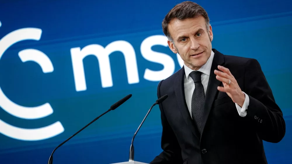 13 February 2026, Bavaria, Munich: French President Emmanuel Macron speaks during the 62nd Munich Security Conference at the Bayerischer Hof Hotel. Photo: Kay Nietfeld/dpa