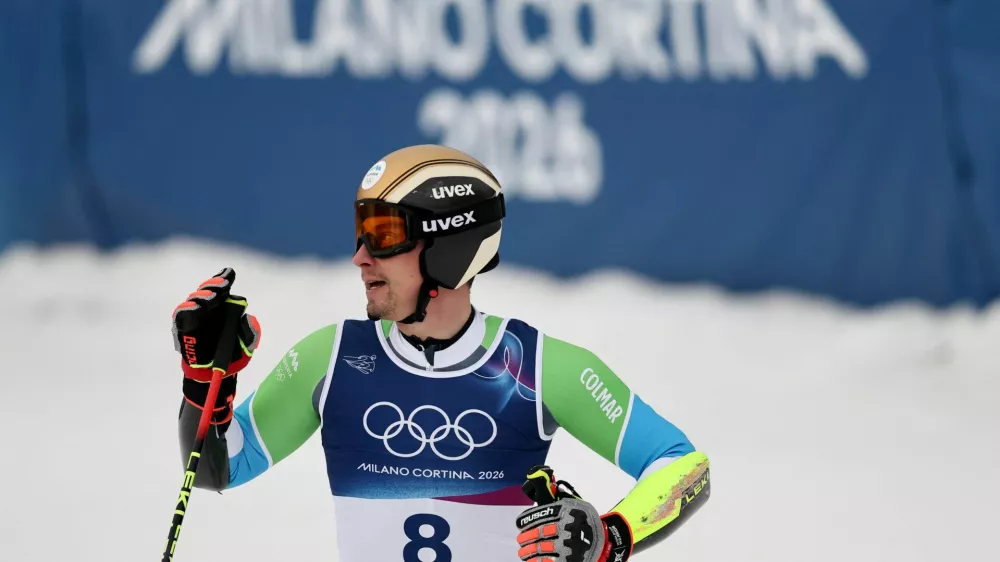 Milano Cortina 2026 Olympics - Alpine Skiing - Men's Giant Slalom Run 1 - Stelvio Ski Centre, Bormio, Italy - February 14, 2026. Zan Kranjec of Slovenia reacts after his run REUTERS/Christian Hartmann