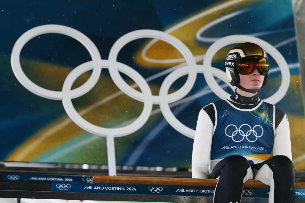 Milano Cortina 2026 Olympics - Ski Jumping - Men's Large Hill Individual - Trial Round - Predazzo Ski Jumping Stadium, Predazzo, Italy - February 14, 2026. Domen Prevc of Slovenia before his run during the Men's Large Hill Individual Trial Round REUTERS/Kai Pfaffenbach