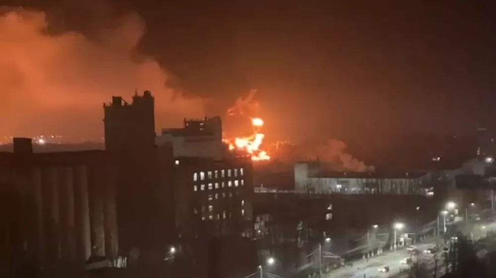 In this photo taken by an anonymous source, smoke and flame are seen from oil storage facilities hit by fire in Bryansk, Russia, Monday, April 25, 2022. The Emergencies Ministry said the massive fire at the depot in the city of Bryansk erupted overnight. The oil depot is owned by Transneft-Druzhba, a subsidiary of the Russian state-controlled company Transneft that operates the western-bound Druzhba (Friendship) pipeline carrying crude to Europe, and it wasn't immediately clear if the blaze could affect the deliveries. (Anonymous source via AP)