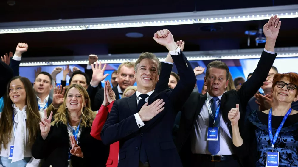 Slovenia's Prime Minister Robert Golob gestures at a Congress party ahead of the national elections in Ljubljana, Slovenia, February 14, 2026. Borut Zivulovic/REUTERS
