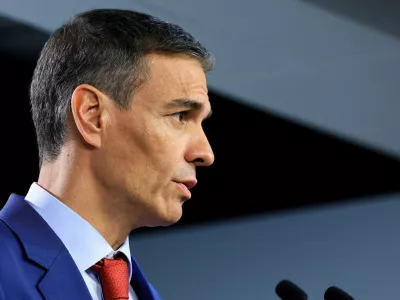 FILE PHOTO: Spanish Prime Minister Pedro Sanchez attends a press conference on the day of the European Union leaders' summit in Brussels, Belgium October 23, 2025. REUTERS/Yves Herman/File Photo