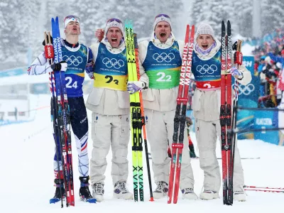Milano Cortina 2026 Olympics - Biathlon - Men's 4 x 7.5km Relay - Anterselva Biathlon Arena, South Tyrol, Italy - February 17, 2026. Fabien Claude of France, Emilien Jacquelin of France, Quentin Fillon Maillet of France and Eric Perrot of France celebrate winning gold in the men's 4 x 7.5km relay REUTERS/Eloisa Lopez   TPX IMAGES OF THE DAY