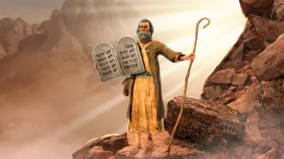Moses holding 10 Commandments tablets coming down mount Sinai, 3d render. / Foto: Ratpack223