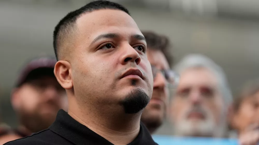 FILE - Kilmar Abrego Garcia attends a rally in his honor at the Immigration and Customs Enforcement field office in Baltimore on Aug. 25, 2025. (AP Photo/Stephanie Scarbrough, File)