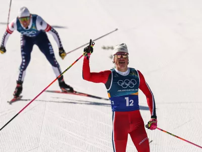 Milano Cortina 2026 Olympics - Cross-Country Skiing - Men's Team Sprint Free Final - Tesero Cross-Country Skiing Stadium, Lago, Italy - February 18, 2026. Johannes Hoesflot Klaebo of Norway celebrates as he crosses the finish line to win gold during the Men's Team Sprint Free Final REUTERS/Kacper Pempel