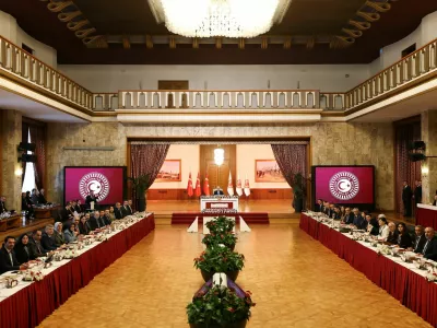 Turkey's Parliament Speaker Numan Kurtulmus chairs a parliamentary commission set to vote on a draft report aimed at facilitating the disarmament of the outlawed Kurdistan Workers Party (PKK), a step that could advance a peace process to end more than four decades of conflict, in Ankara, Turkey, February 18, 2026. Grand National Assembly of Turkey/Handout via REUTERS ATTENTION EDITORS - THIS PICTURE WAS PROVIDED BY A THIRD PARTY. NO RESALES. NO ARCHIVES.