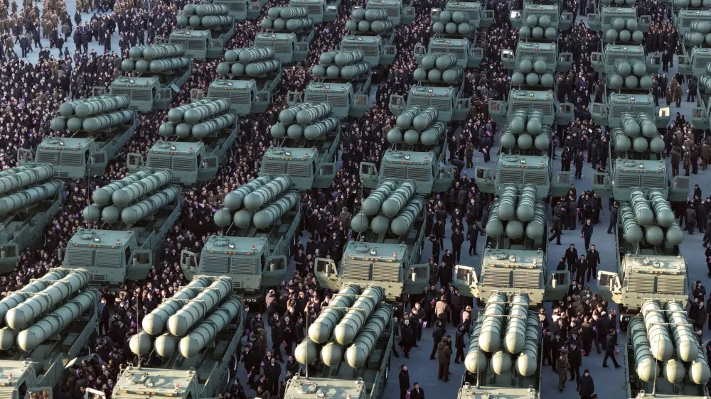 This photo provided by the North Korean government shows new launch vehicles for nuclear-capable short-range missiles during a military ceremony in Pyongyang, North Korea, Wednesday, Feb. 18, 2026. Independent journalists were not given access to cover the event depicted in this image distributed by the North Korean government. The content of this image is as provided and cannot be independently verified. Korean language watermark on image as provided by source reads: "KCNA" which is the abbreviation for Korean Central News Agency. (Korean Central News Agency/Korea News Service via AP)