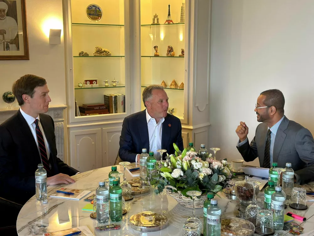 Oman's Foreign Minister Sayyid Badr bin Hamad Al Busaidi meets with U.S. Special Envoy Steve Witkoff and U.S. President Donald Trump's son-in-law, Jared Kushner ahead of the indirect U.S.-Iran talks, in Geneva, Switzerland, February 17, 2026. Oman's Ministry Of Foreign Affairs/Handout via REUTERS  THIS IMAGE HAS BEEN SUPPLIED BY A THIRD PARTY.