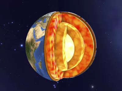 Internal structure of the Earth, cutaway computer illustration. From the centre outwards, the four layers shown in the image are: inner core, outer core, mantle, and crust.No use: BBC, Pearson, Oxford University Press, Springer Nature, Dorling Kindersley, Cambridge University Press & Assessment, New Scientist, Bonnier Publications, John Wiley & Sons, The Lancet, BMJ