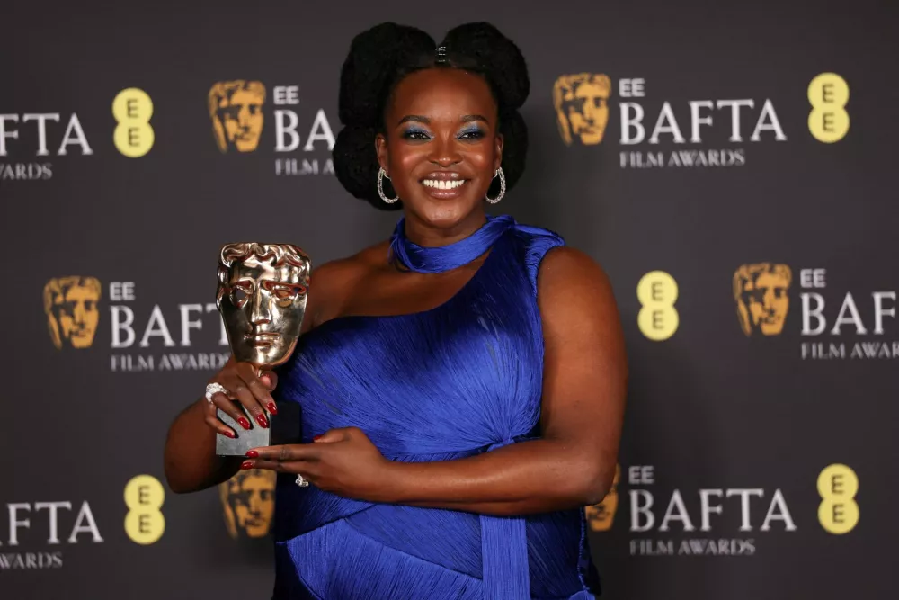 Wunmi Mosaku poses in the winner's room with the award for Best Supporting Actress for "Sinners" during the 2026 British Academy of Film and Television Awards (BAFTA) at the Royal Festival Hall in the Southbank Centre, London, Britain, February 22, 2026. REUTERS/Suzanne Plunkett
