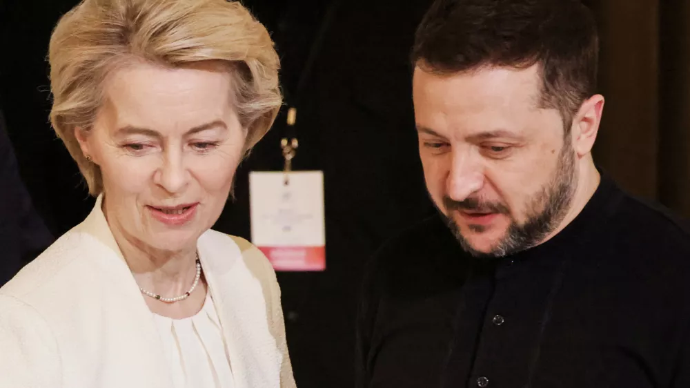 Ukraine's President Volodymyr Zelenskyy, right, and European Commission President Ursula von der Leyen participate in the so-called "Coalition of the willing" summit at the Elysee Palace, Thursday, March 27, 2025. (Ludovic Marin, Pool via AP)