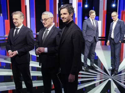 Robert Golob, Matjaž Han, Luka Mesec- 19.02.2026 - Prvo soočenje predsednikov strank na RTV SLO - parlamentarne volitve 2026//FOTO: Jaka Gasar