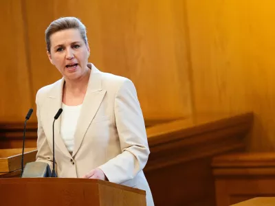 Danish Prime Minister Mette Frederiksen announces an upcoming parliamentary election, in the Parliament Hall at Christiansborg, in Copenhagen, Thursday, Feb. 26, 2026. (Thomas Traasdahl/Ritzau Scanpix via AP)