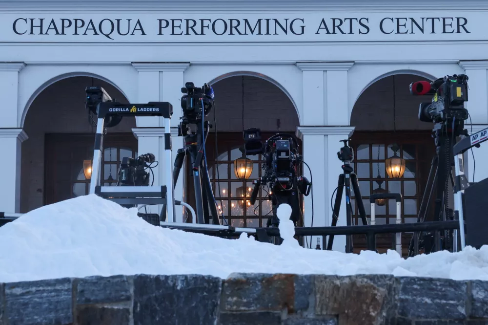 Cameras are positioned outside the Chappaqua Performing Arts Center, ahead of former Secretary of State Hillary Clinton appearance for a deposition in the House Oversight Committee investigation of late financier and convicted sex offender Jeffrey Epstein, in Chappaqua, New York, U.S., February 26, 2026. REUTERS/Shannon Stapleton