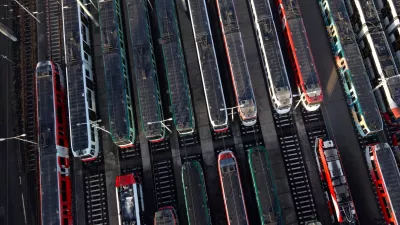 Trams are pictured at a storage facility during a nationwide strike called by the German trade union Verdi over a wage dispute, in Bonn, Germany, February 27, 2026. REUTERS/Erol Dogrudogan