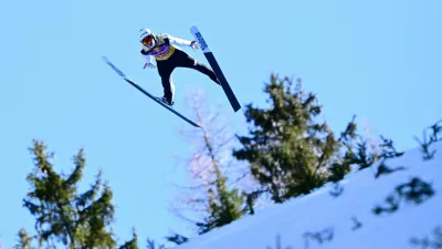 Ski Jumping - FIS Ski Jumping World Cup - Kulm, Tauplitz, Austria - February 27, 2026 Slovenia's Domen Prevc in action during the men's flying hill HS235 qualification REUTERS/Christian Bruna