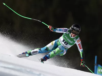Slovenia's Ilka Stuhec speeds down the course during a women's World Cup super-G race, in Soldeu, Andorra, Sunday, March 1, 2026. (AP Photo/Gabriele Facciotti)