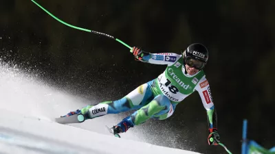 Slovenia's Ilka Stuhec speeds down the course during a women's World Cup super-G race, in Soldeu, Andorra, Sunday, March 1, 2026. (AP Photo/Gabriele Facciotti)