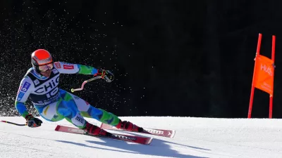 Slovenia's Miha Hrobat speeds down the course, during a men's World Cup downhill race, in Garmisch Partenkirchen, Germany, Saturday, Feb. 28, 2026. (AP Photo/Pier Marco Tacca)