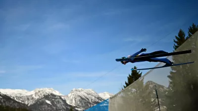 Ski Jumping - FIS Ski Jumping World Cup - Kulm, Tauplitz, Austria - February 28, 2026 Slovenia's Domen Prevc in action during the men's flying hill HS235 first round REUTERS/Christian Bruna