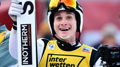Ski Jumping - FIS Ski Jumping World Cup - Kulm, Tauplitz, Austria - March 1, 2026 Slovenia's Domen Prevc celebrates after winning the men's individual hs235 REUTERS/Christian Bruna