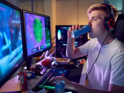 Teenage Boy Drinking Caffeine Energy Drink Gaming At Home Using Dual Computer Screens At Night