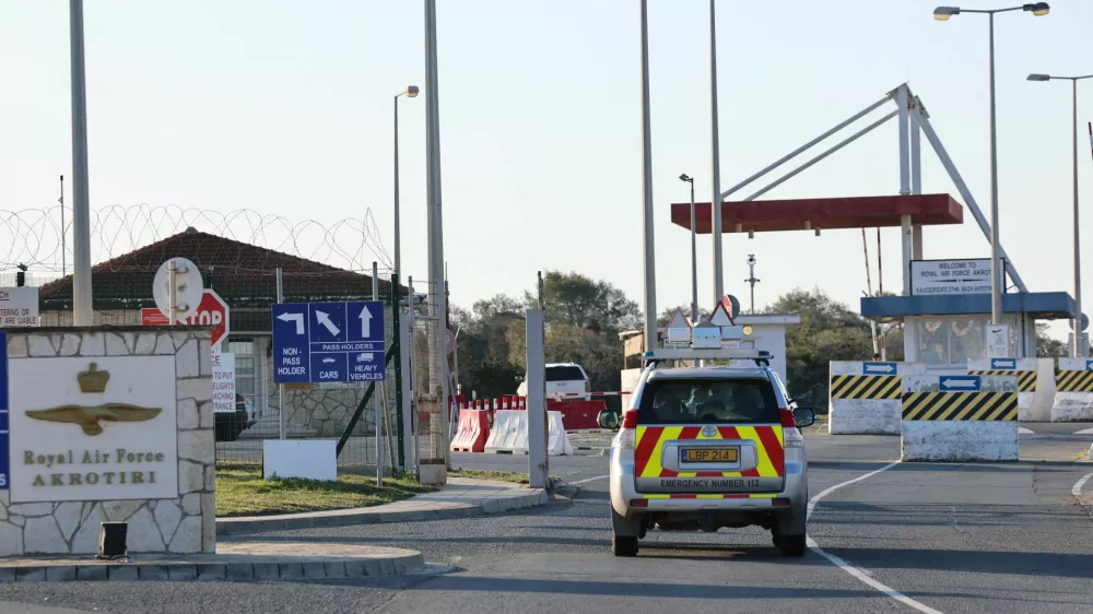 An emergency vehicle passes by the entrance of RAF Akrotiri, a British sovereign base in Cyprus, which was hit by an unmanned drone overnight, causing limited damage, Cyprus March 2, 2026. REUTERS/Yiannis Kourtoglou