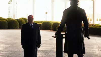 U.S. President Donald Trump looks at a newly installed statue of Thomas Jefferson, on returning to the White House, after Israel and the U.S. launched strikes on Iran, in Washington, D.C., U.S., March 1, 2026. REUTERS/Nathan Howard