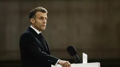 French President Emmanuel Macron delivers a speech next to the submarine 'Le Temeraire' (The Temerarious) at the Nuclear submarines Navy base of Ile Longue in Crozon, France, Monday March 2, 2026. (Yoan Valat/Pool Photo via AP)