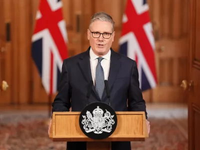 Britain's Prime Minister Keir Starmer issues a statement at 10 Downing Street, London, on the latest developments in the Middle East, Saturday Feb. 28, 2026. (Jonathan Brady/Pool via AP)