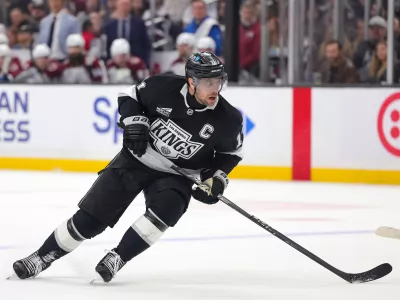 Los Angeles Kings center Anze Kopitar skates during the second period of an NHL hockey game against the Colorado Avalanche Monday, March 2, 2026 in Los Angeles. (AP Photo/Ryan Sun)