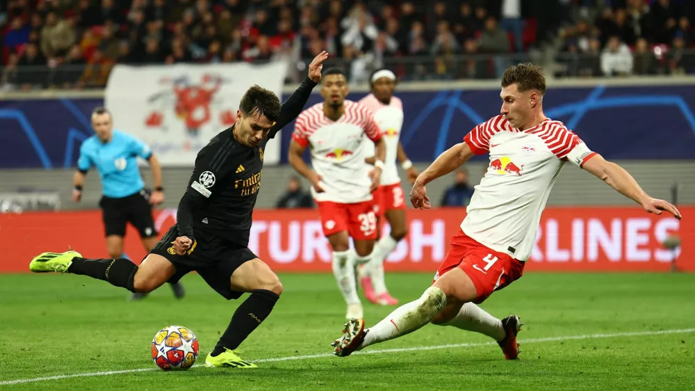 Soccer Football - Champions League - Round of 16 - First Leg - RB Leipzig v Real Madrid - Red Bull Arena, Leipzig, Germany - February 13, 2024 Real Madrid's Brahim Diaz shoots at goal REUTERS/Lisi Niesner