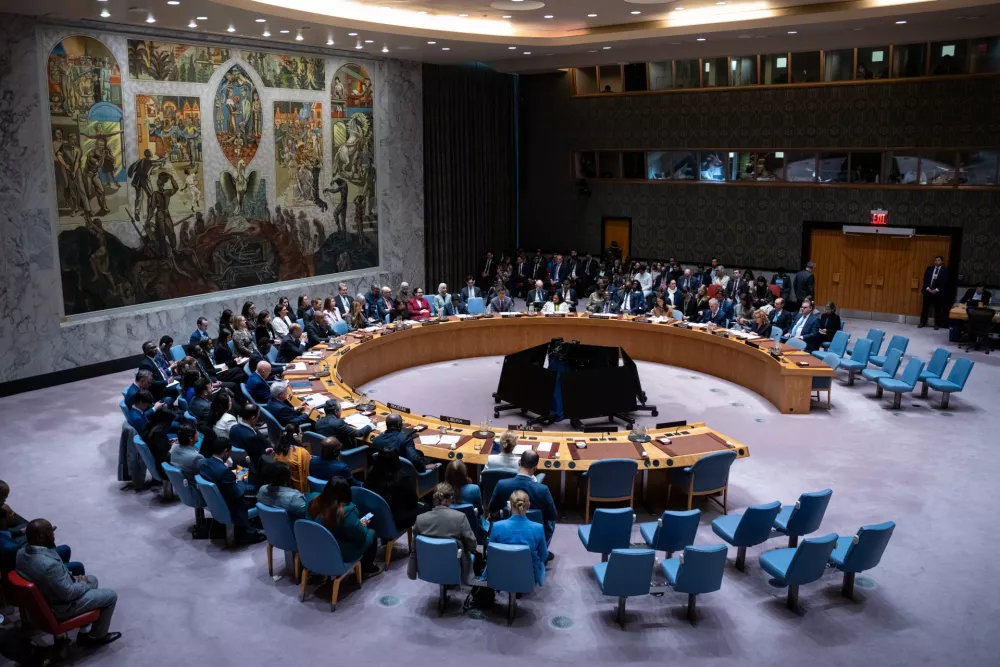 Melania Trump, first lady of the United States, presides over the United Nations Security Council at United Nations headquarters, Monday, March 2, 2026. (AP Photo/Angelina Katsanis)
