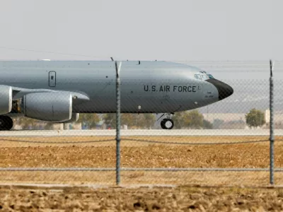 FILE PHOTO: A U.S. Airforce Boeing KC-135 Stratotanker taxies at the Moron Air Base in Moron de la Frontera, southern Spain, August 27, 2021. REUTERS/Marcelo del Pozo/File Photo