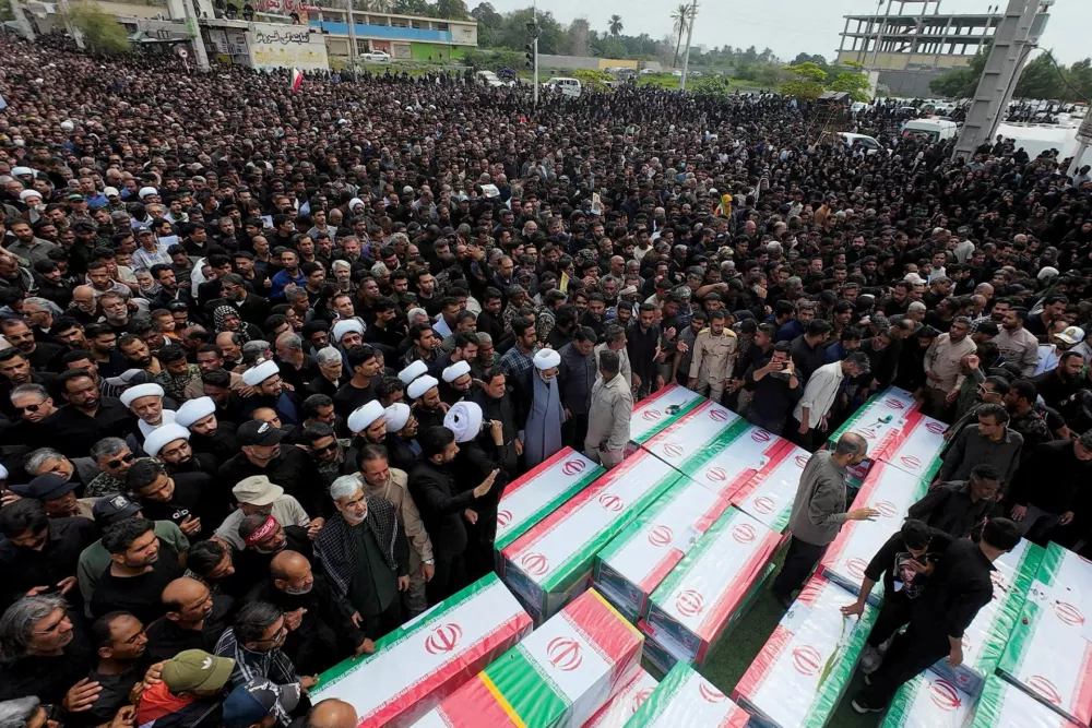 People attend the funeral of the victims following a reported strike on a school in Minab, Iran, March 3, 2026. Amirhossein Khorgooei/ISNA/WANA (West Asia News Agency) via REUTERS ATTENTION EDITORS - THIS PICTURE WAS PROVIDED BY A THIRD PARTY. REFILE &ndash; REMOVING ATTRIBUTION TO STRIKE