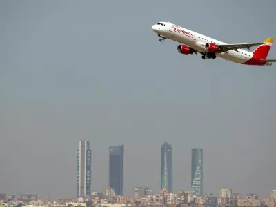 FILE PHOTO: An Iberia Express Airbus A321-200 airplane takes off from the Adolfo Suarez Madrid-Barajas airport as seen from Paracuellos del Jarama, outside Madrid, Spain, August 8, 2018. REUTERS/Paul Hanna/File Photo