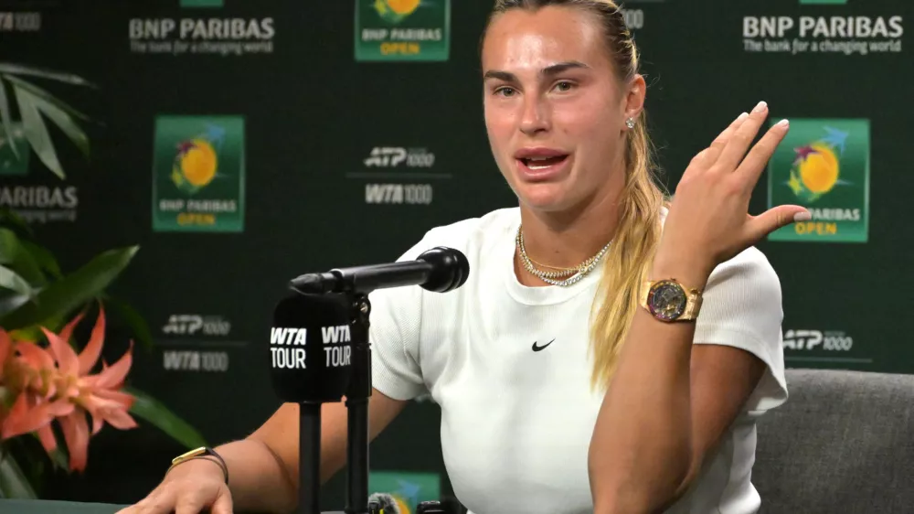 Mar 3, 2026; Indian Wells, CA, USA; Aryna Sabalenka (BEL) speaks to the media at a news conference during the BNP Paribas Open at the Indian Wells Tennis Garden. Mandatory Credit: Jayne Kamin-Oncea-Imagn Images
