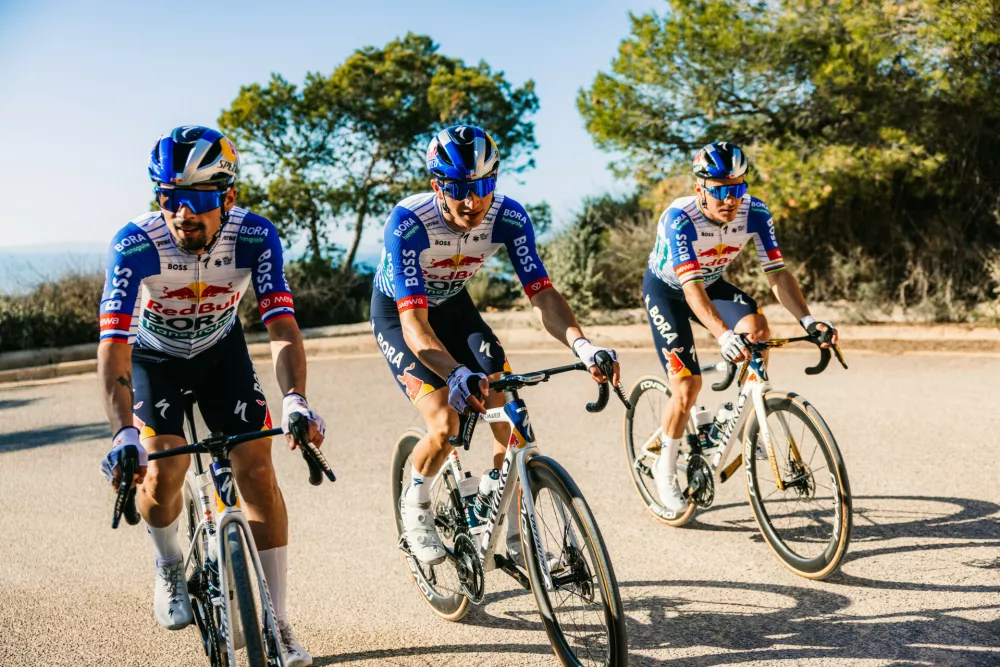 Primož Roglič, Florian Lipowitz and Remco Evenepoel of the Red Bull - BORA - hansgrohe team are photographed during a training session in Palma de Mallorca, Spain on December 8, 2025. // Maximilian Fries / Red Bull Content Pool // SI202601070267 // Usage for editorial use only // 