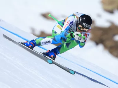 Slovenia's Ilka Stuhec speeds down the course during a women's World Cup downhill training, in Val di Fassa, Italy, Thursday, March 5, 2026. (AP Photo/Luciano Bisi)