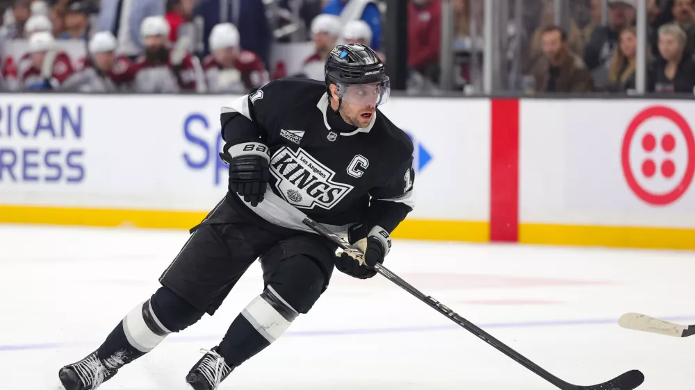 Los Angeles Kings center Anze Kopitar skates during the second period of an NHL hockey game against the Colorado Avalanche Monday, March 2, 2026 in Los Angeles. (AP Photo/Ryan Sun)
