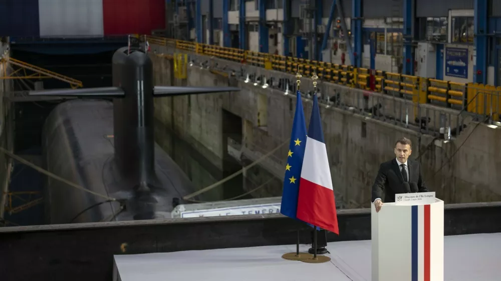 French President Emmanuel Macron during his speech at the Nuclear submarines Navy base of Ile Longue in Crozon, near Brest, France, 02 March 2026.//04SIPA_1.000532/Credit:Eliot Blondet -POOL/SIPA/2603022153,Image: 1079634962, License: Rights-managed, Restrictions:, Model Release: no