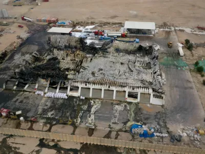 A drone view shows damage at a compound housing offices and warehouses used by U.S. firms Halliburton after a drone attack in Basra, Iraq, March 7, 2026. REUTERS/Essam al-Sudani