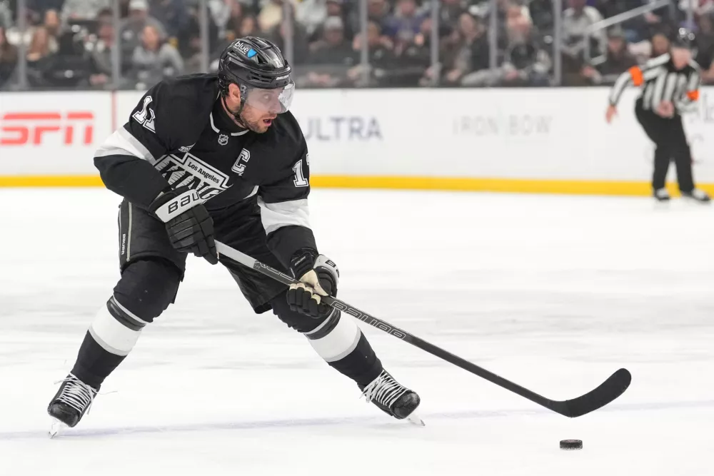 Los Angeles Kings center Anze Kopitar skates during the second period of an NHL hockey game against the New York Islanders, Thursday, March 5, 2026, in Los Angeles. (AP Photo/Mark J. Terrill)
