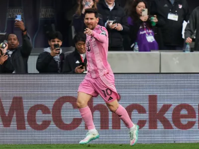 Inter Miami forward Lionel Messi (10) celebrates after his goal against D.C. United during the first half of an MLS soccer match, Saturday, March 7, 2026, in Baltimore. (AP Photo/Stephanie Scarbrough)