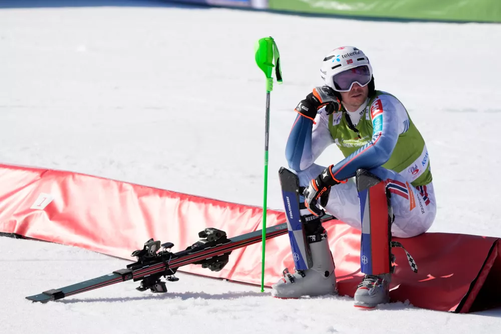 Norway's Henrik Kristoffersen reacts at the finish area of an alpine ski, men's World Cup slalom, in Kranjska Gora, Slovenia, Sunday, March 8, 2026. (AP Photo/Giovanni Auletta)